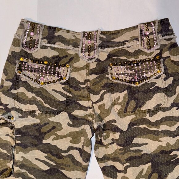 Handi Y2k Army Camo Cargo Capri Pants Bedazzled Jewel Drawstring Cuffs Size 30" - Picture 5 of 11